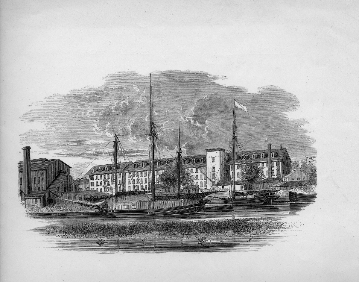 Drawing of ship and factory
